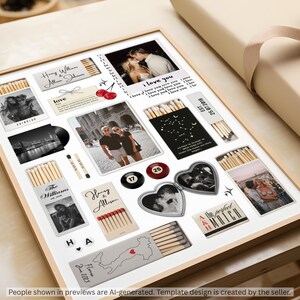 Puede incluir: Un collage enmarcado que presenta varias fotograf&iacute;as en blanco y negro de una pareja, varias cajas de cerillas con etiquetas personalizadas, un relicario en forma de coraz&oacute;n y dos bolas de billar numeradas 17 y 25. La composici&oacute;n incluye textos como Henry & Allison, I love you y The perfect match.