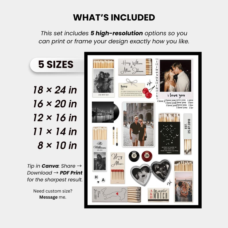 Editable Matchbook Poster Template, Personalized Matchbook, Anniversary Gift for Couples, Canva Template, Digital Download image 5