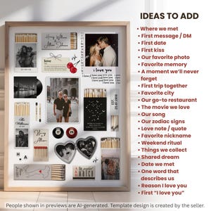 Puede incluir: Un collage enmarcado que presenta m&uacute;ltiples cajas de cerillas, fotograf&iacute;as y elementos decorativos. La composici&oacute;n incluye texto personalizado, fechas e im&aacute;genes de parejas. Una lista titulada IDEAS TO ADD ofrece sugerencias para la personalizaci&oacute;n, incluyendo primeras citas, recuerdos favoritos y sue&ntilde;os compartidos.