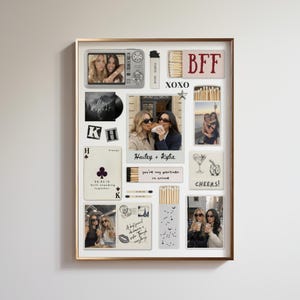 May include: A framed collage featuring photos, matchboxes, and cards. The photos show two women in various settings. Text includes "BFF", "XOXO", "Hailey + Kylie", and "Cheers!". The frame has a gold finish.