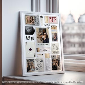 May include: A white framed collage featuring various personal photographs, matchboxes with text like BFF and XOXO, a playing card with a club symbol, and handwritten notes. The display includes snapshots of two people, a vintage camera graphic, and small star icons.
