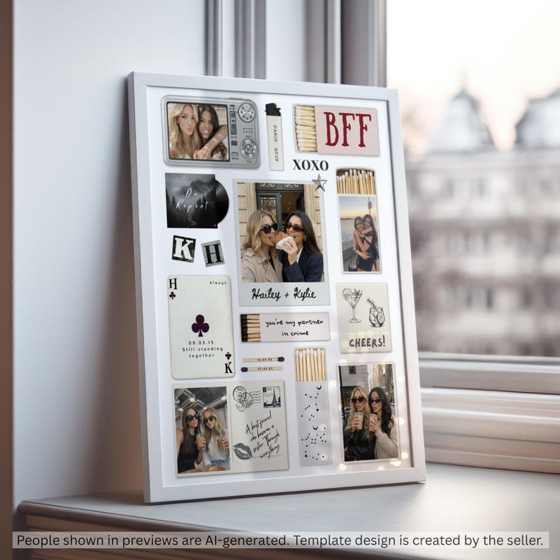May include: A white framed collage featuring various personal photographs, matchboxes with text like BFF and XOXO, a playing card with a club symbol, and handwritten notes. The display includes snapshots of two people, a vintage camera graphic, and small star icons.