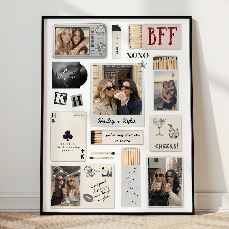 May include: A framed collage featuring photos, matchboxes, and decorative elements. Includes photos of two women, the text "BFF", "XOXO", "Cheers!", and "Hailey + Kylie". The collage is in a black frame.