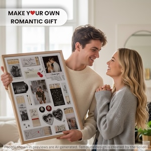 Puede incluir: Un marco de madera rectangular que contiene un collage de art&iacute;culos personalizados, incluyendo fotograf&iacute;as, etiquetas estilo caja de cerillas con textos como 'Henry Williams & Allison Johnson', 'I love you' y 'The perfect match', adem&aacute;s de elementos decorativos.