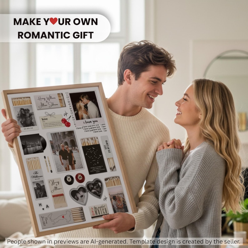 Puede incluir: Un marco de madera rectangular que contiene un collage de art&iacute;culos personalizados, incluyendo fotograf&iacute;as, etiquetas estilo caja de cerillas con textos como 'Henry Williams & Allison Johnson', 'I love you' y 'The perfect match', adem&aacute;s de elementos decorativos.