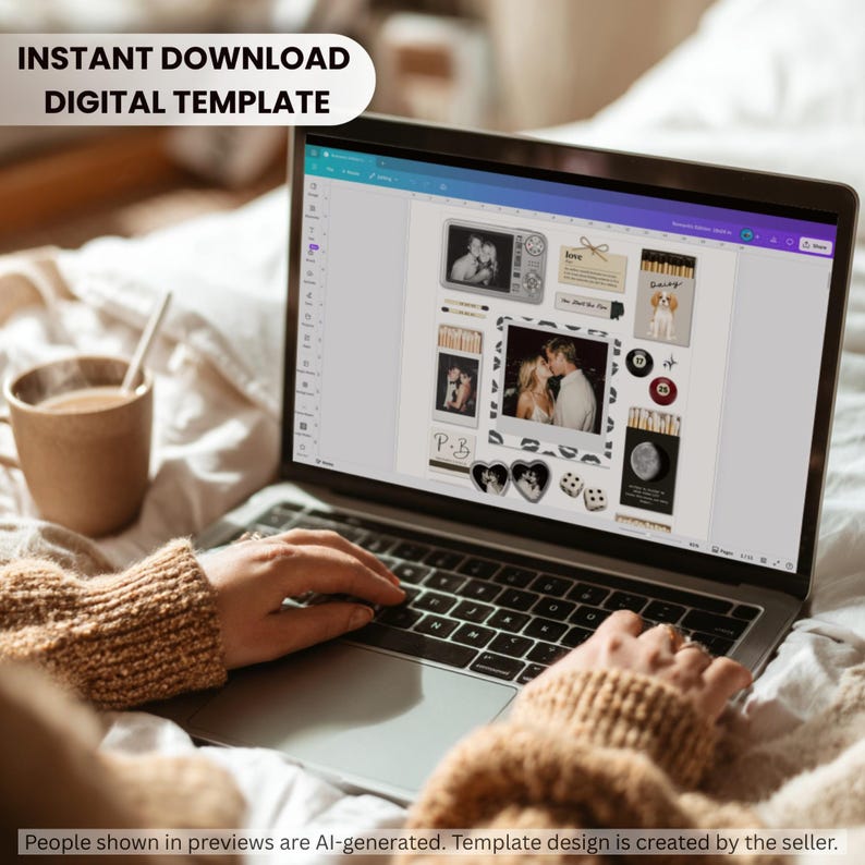 May include: A laptop screen displaying a digital template with various photo frames, graphic elements, and text boxes. The interface shows a collage layout featuring black and white photographs, a dog illustration, and dice icons.