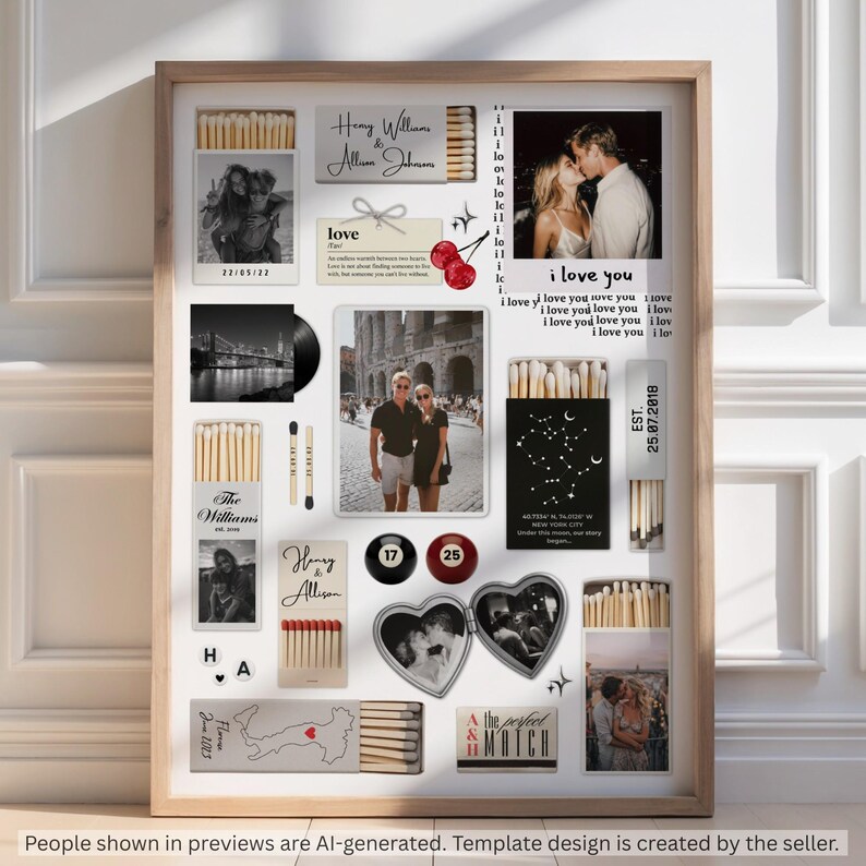 Puede incluir: Un collage enmarcado que presenta m&uacute;ltiples cajas de cerillas, fotograf&iacute;as de parejas y elementos decorativos. La composici&oacute;n incluye fotos en blanco y negro, un relicario en forma de coraz&oacute;n, bolas de billar numeradas 17 y 25, y textos como 'love', 'I love you' y 'The perfect MATCH'.