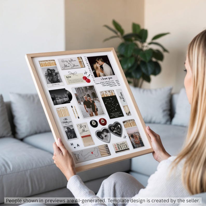 Puede incluir: Un marco rectangular de madera clara que contiene un collage de fotograf&iacute;as en blanco y negro, dise&ntilde;os de cajas de cerillas y texto. El dise&ntilde;o presenta varios gr&aacute;ficos tem&aacute;ticos de parejas, incluyendo una foto en forma de coraz&oacute;n, un mapa y el texto Henry William & Allison Johnson.