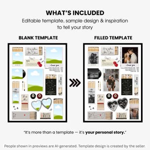 Puede incluir: Una plantilla digital editable que muestra un dise&ntilde;o en blanco a la izquierda y una versi&oacute;n completa a la derecha. El dise&ntilde;o incluye gr&aacute;ficos de cajas de cerillas, marcos de fotos y textos como "I love you" y "The perfect match".