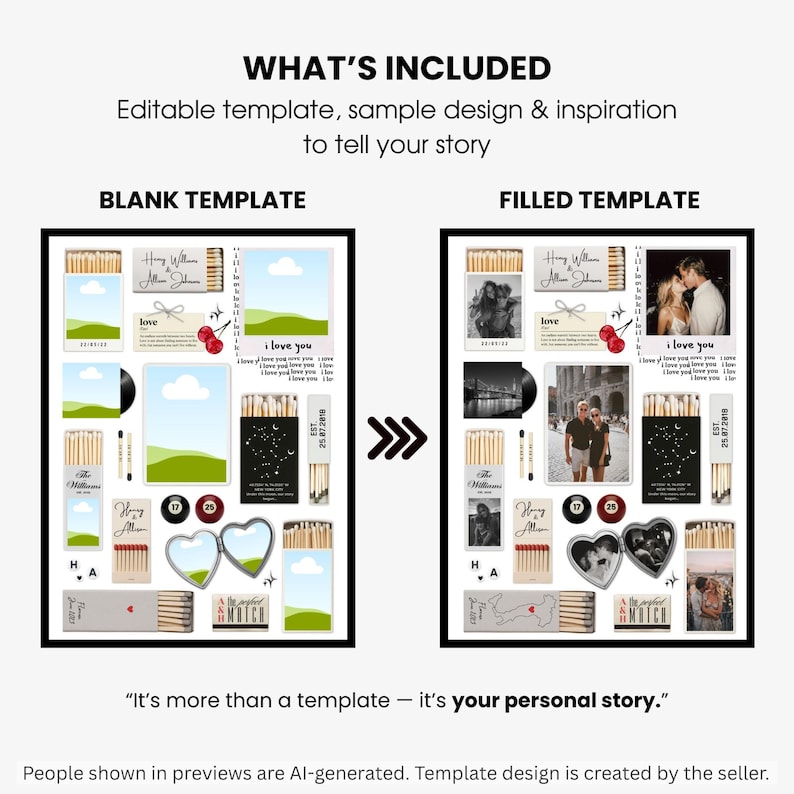 Puede incluir: Una plantilla digital editable que muestra un dise&ntilde;o en blanco a la izquierda y una versi&oacute;n completa a la derecha. El dise&ntilde;o incluye gr&aacute;ficos de cajas de cerillas, marcos de fotos y textos como "I love you" y "The perfect match".