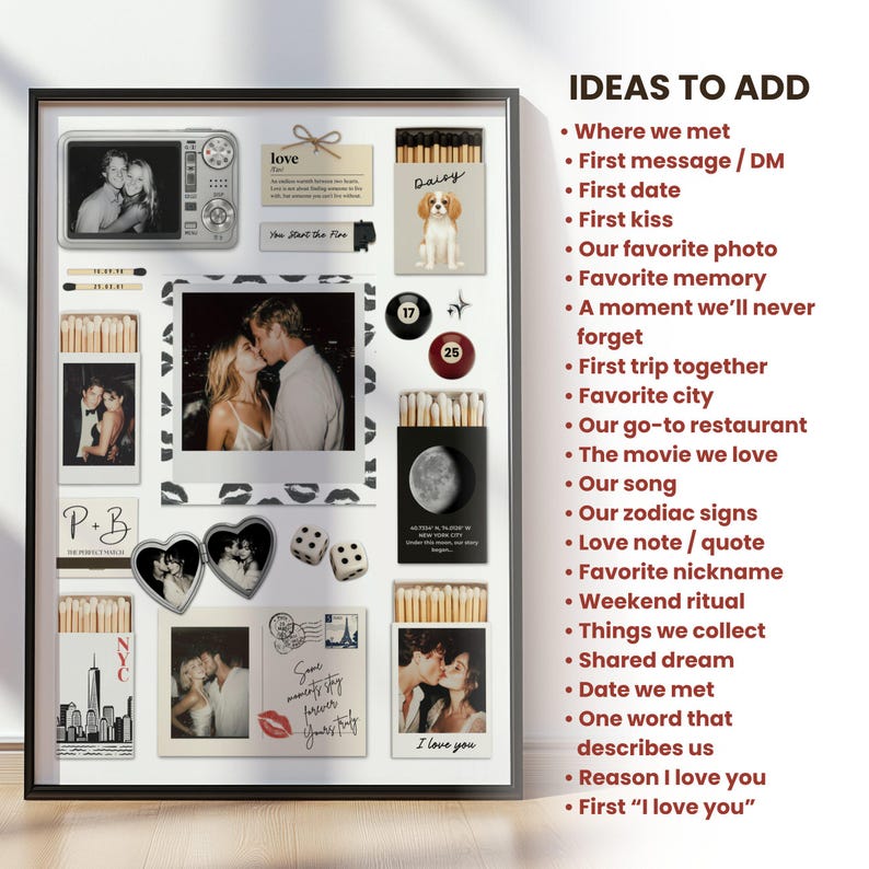 Puede incluir: Un collage enmarcado con fotos, cajas de cerillas y elementos decorativos. Incluye una foto de una pareja bes&aacute;ndose, una c&aacute;mara vintage, dados y el texto "I love you". El tema es el romance y los recuerdos.