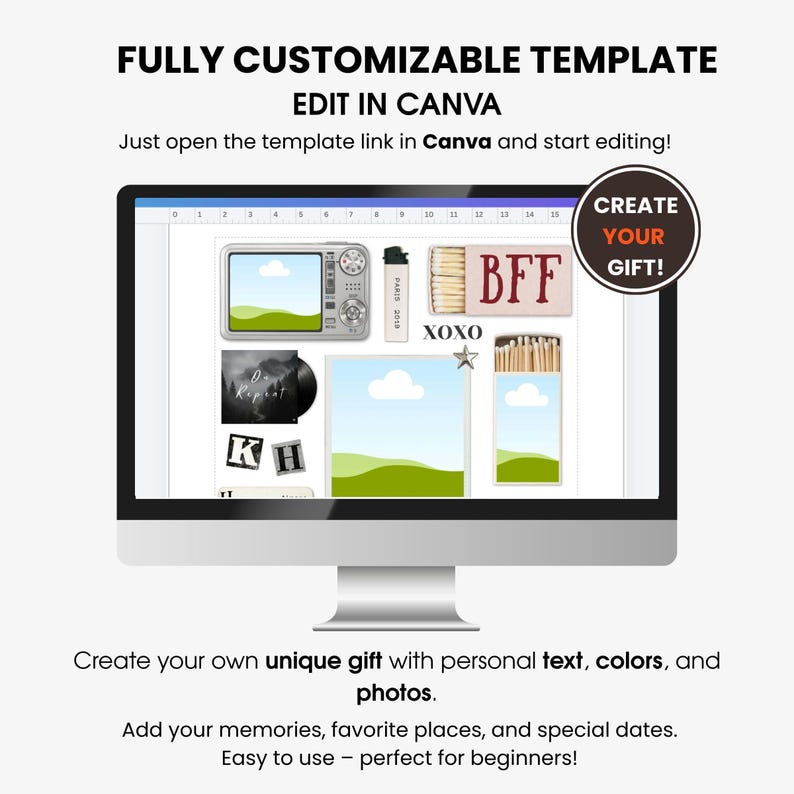 May include: A computer monitor displays a customizable template with the text "FULLY CUSTOMIZABLE TEMPLATE EDIT IN CANVA". The template includes photo frames, text boxes, and decorative elements. The text "CREATE YOUR GIFT!" is also visible.