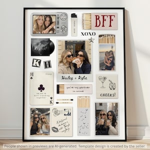 May include: A collage print featuring multiple photographs of two people, matchboxes with text like BFF and you're my partner in crime, a playing card with the text Still standing together, a postcard with a lip print, and a camera graphic.