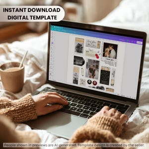 Puede incluir: Una pantalla de port&aacute;til que muestra un dise&ntilde;o de plantilla digital con m&uacute;ltiples marcos de fotos, ilustraciones de cajas de cerillas y elementos de texto que incluyen "love" e "i love you". La interfaz muestra herramientas de edici&oacute;n.