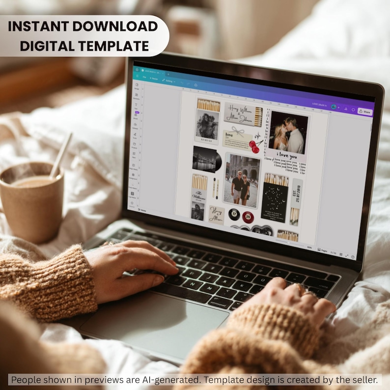 Puede incluir: Una pantalla de port&aacute;til que muestra un dise&ntilde;o de plantilla digital con m&uacute;ltiples marcos de fotos, ilustraciones de cajas de cerillas y elementos de texto que incluyen "love" e "i love you". La interfaz muestra herramientas de edici&oacute;n.