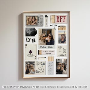 May include: A collage print featuring various items including a digital camera, matchboxes labeled BFF and Cheers, a playing card with a club symbol, and multiple photographs of two individuals. The design incorporates handwritten text, star icons, and constellations on a light background.