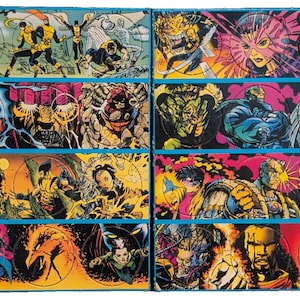 May include: A collection of comic book panels featuring various characters in action poses. The panels are framed in blue and showcase vibrant colors, including yellow, green, pink, and blue. The artwork style is reminiscent of comic book illustrations.