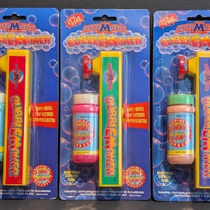 Zestaw 3 zabytkowych automatycznych urządzeń do robienia baniek mydlanych Happiness Express Bubble Mania z 1994 r.