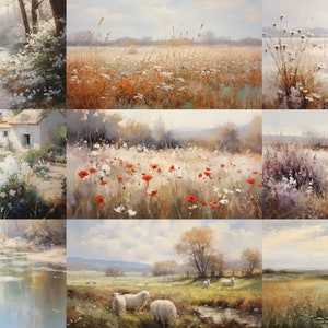 Op de afbeelding: Een collage van negen schilderijen die verschillende landschappen met bloemen, bomen en water afbeelden. De schilderijen zijn in een realistische stijl en hebben zachte, gedempte kleuren.