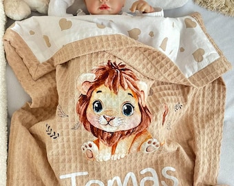 Safari Lion Baby Blanket, Personalized Muslin Swaddle, Neutral Boho Nursery Decor, Custom Newborn Boy Gift, Toddler Receiving Blanket