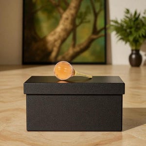 May include: A decorative bottle stopper with a round, orange-colored glass orb and a gold-colored stem rests on a black box. The background includes a painting of a tree and a vase with green plants.