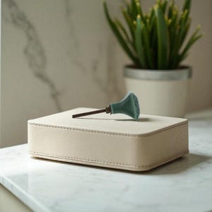 May include: A light beige, rectangular box with a stitched edge, topped with a teal cabinet knob. The knob has a dark metal screw and a decorative, bell-shaped head. A potted plant is in the background.