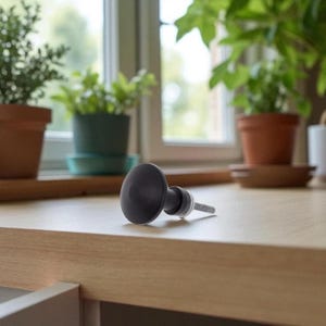 May include: A black bottle stopper with a rounded top and a clear, screw-like base. The stopper is lying on a light-colored wooden surface, with potted plants visible in the background near a window.