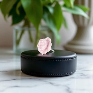 May include: A light pink rose ring with a silver band sits atop a small, round, black leather box. The ring's rose is detailed and delicate. The box has a stitched edge. The background includes a vase with greenery and a decorative vase.