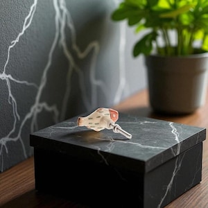 May include: A decorative fish-shaped cabinet knob with a red and cream color scheme, resting on a black marble-patterned box. The knob has a silver metal stem. A potted plant is in the background.