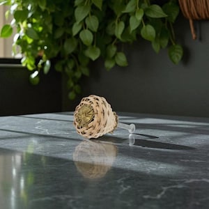 May include: A decorative cabinet knob with a woven rattan design. The knob features a circular woven pattern with a brass-colored center. The stem is clear and appears to be made of glass or acrylic. The knob is resting on a dark gray surface.