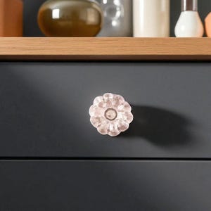 May include: A clear, flower-shaped cabinet knob with a central circular design. The knob is mounted on a dark gray cabinet drawer. The knob's design is reminiscent of a flower, adding a decorative touch to furniture.