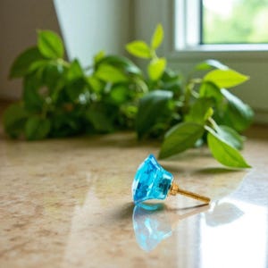 May include: A faceted, light blue crystal cabinet knob with a brass screw. The knob is reflecting light, and is set against a background of green leaves and a window.
