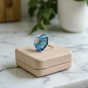 May include: A silver ring featuring a blue and white flower-shaped stone with a small, round, cream-colored center. The ring is displayed on a beige jewelry box, set against a blurred background with greenery and a white vase.