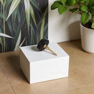 May include: A black and gold cabinet knob with a round, black head and a gold-colored stem. The knob is displayed on a white cube, with a green and black patterned background and a potted plant in the background.