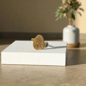 May include: A gold-colored leaf-shaped cabinet knob with a silver screw. The knob is resting on a white surface. A small white vase with flowers is in the background.