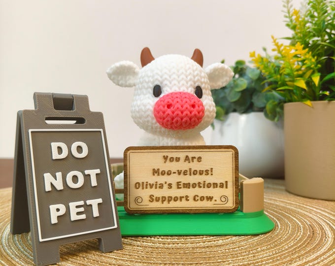 Emotional Support Cow Desk Buddy | Personalized Cow with Custom Wooden Sign | Cozy Farmhouse Decor Gift for Cow Lovers