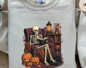 Halloween Reading Skeleton Sweatshirt, Halloween Gift For Bookworm, Cozy Spooky Season Aesthetic