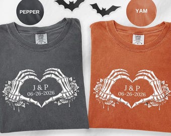 Custom Couple Matching Halloween Comfort Colors® T- Shirt, Skeleton Bride Shirt, Spooky Couple Anniversary Gift, Wedding Date Newlywed
