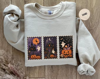 Halloween Sweatshirt,  Ghost Stamp Autum Graphic Sweater, Halloween Gift For Mom Sister, Pumpkin Tee