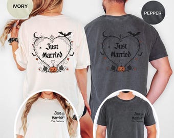 Custom Halloween Couple Comfort Colors® T- Shirt Just Married,  Matching Family Name Newlywed Tee, Bride Groom Shirt
