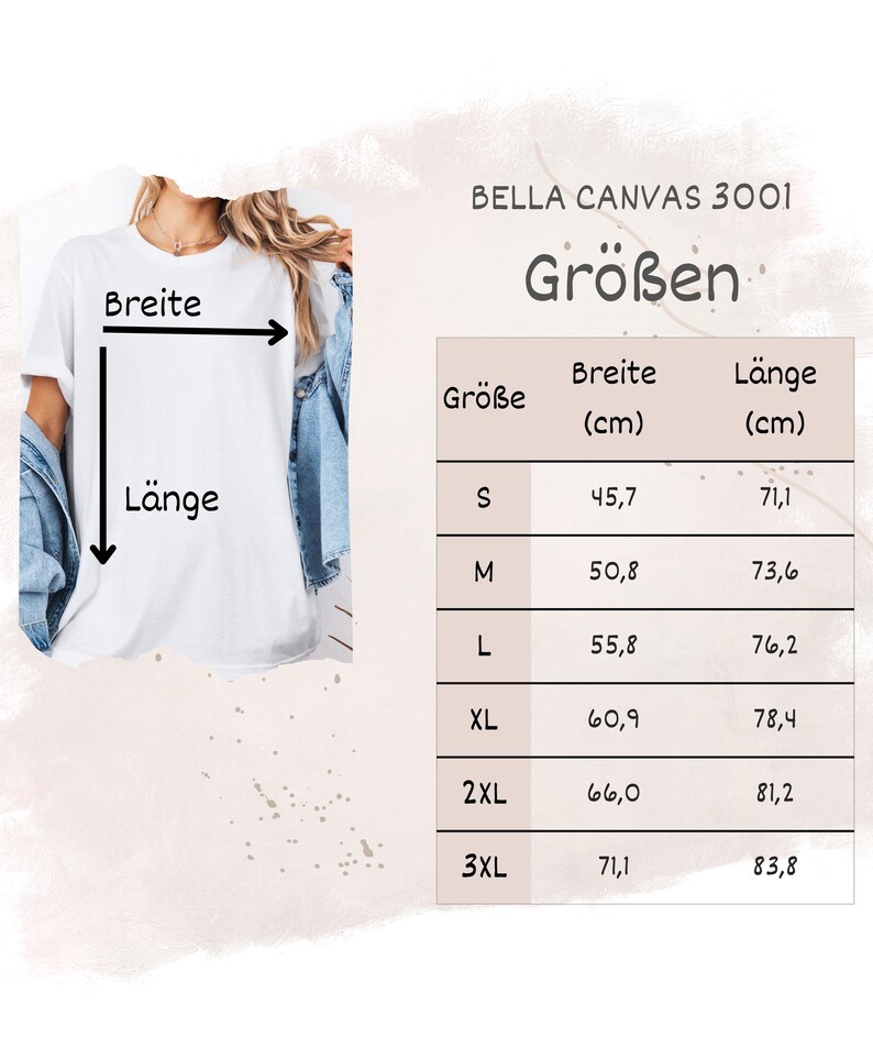 May include: A white Bella Canvas 3001 t-shirt with a size chart. The chart shows measurements in centimeters for sizes S through 3XL. The shirt's width ranges from 18 inches to 28 inches, and the length ranges from 28 inches to 33 inches.