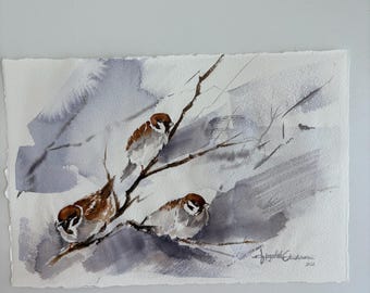 Original Watercolour Sparrows Painting – Hand-Painted Bird Art on Paper