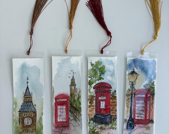 Hand-Painted London Watercolour Bookmark | Big Ben, Telephone Box, Post Box (Gift for Book Lovers)