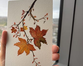Hand-Painted Watercolour Maple Leaves Card, Gold Detail, Autumn Greeting (Blank Inside)