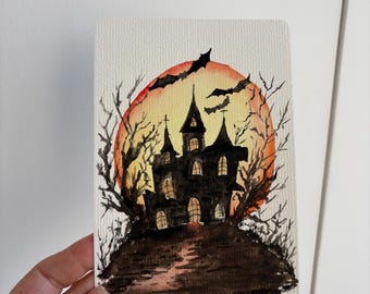 Hand-Painted Halloween Card, Spooky Haunted House Watercolour, Original Autumn Artwork, Blank Greeting Card