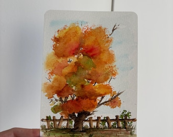 Hand-Painted Watercolour Autumn Tree Card, Original Artwork, Blank Inside (10x15cm)