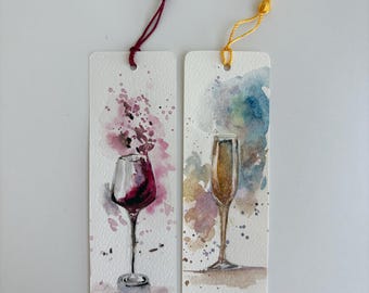 Hand-Painted Wine & Champagne Watercolour Bookmarks – Set of 2, Elegant Book Lover Gift