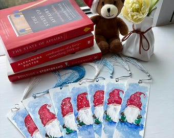Hand-Painted Watercolor Christmas Gnome Bookmark – Holiday Book Lover Gift