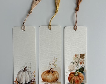 Hand Painted Watercolor Pumpkin Bookmark with Tassel, Autumn Fall Art Accessory