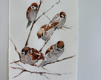 Original Watercolour Sparrows Painting – Four Birds on Branch, Wildlife Art